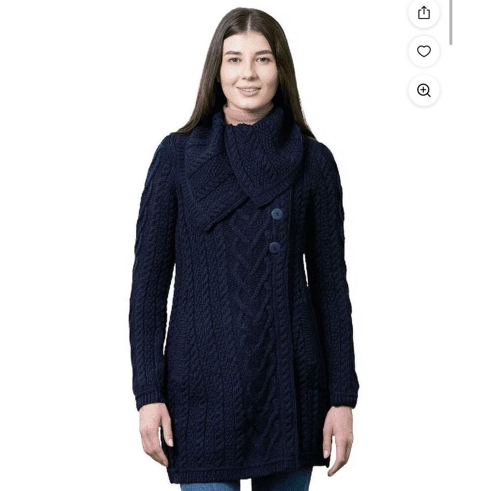 SAOL Ireland Merino Wool Cable Knit Long Line Cardigan Sweater Warm Size M